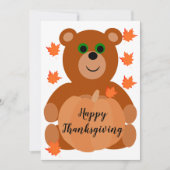 Cute Happy Thanksgiving Teddy Bear Pumpkin Leaves Feestdagenkaart (Voorkant)