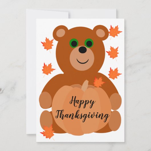 Cute Happy Thanksgiving Teddy Bear Pumpkin Leaves Feestdagenkaart (Voorkant)