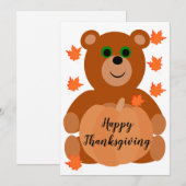 Cute Happy Thanksgiving Teddy Bear Pumpkin Leaves Feestdagenkaart (Voorkant / Achterkant)