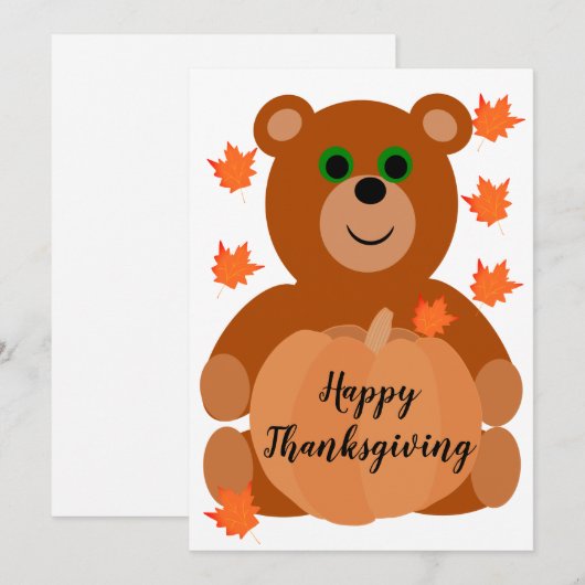 Cute Happy Thanksgiving Teddy Bear Pumpkin Leaves Feestdagenkaart (Voorkant / Achterkant)