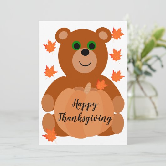 Cute Happy Thanksgiving Teddy Bear Pumpkin Leaves Feestdagenkaart (Staand voorkant)