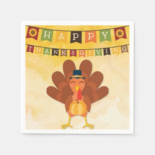 Cute Happy Thanksgiving Turkey Servet (Voorkant)