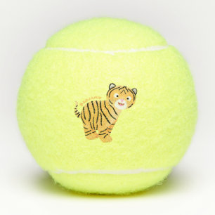 Cute happy tijgerkub cartoon tennisballen
