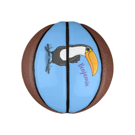 Cute happy toucan cartoon illustratie basketbal (Verticaal)