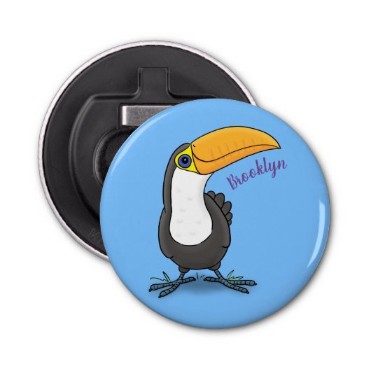 Cute happy toucan cartoon illustratie button flesopener (Voorkant)