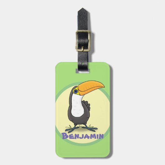 Cute happy toucan glimlachende cartoon bagagelabel (Voorkant verticaal)