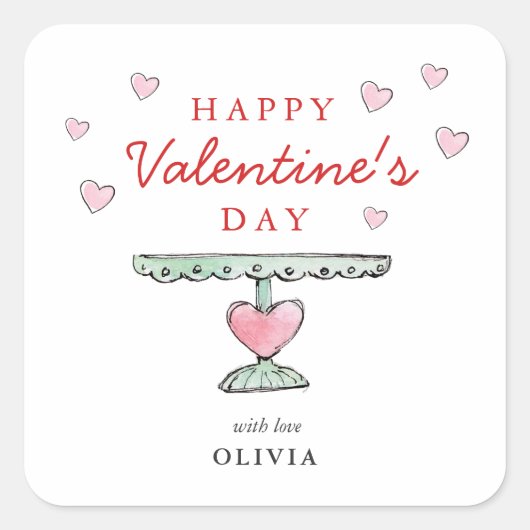 Cute Happy Valentine Day Roze en witte harten Vierkante Sticker (Voorkant)