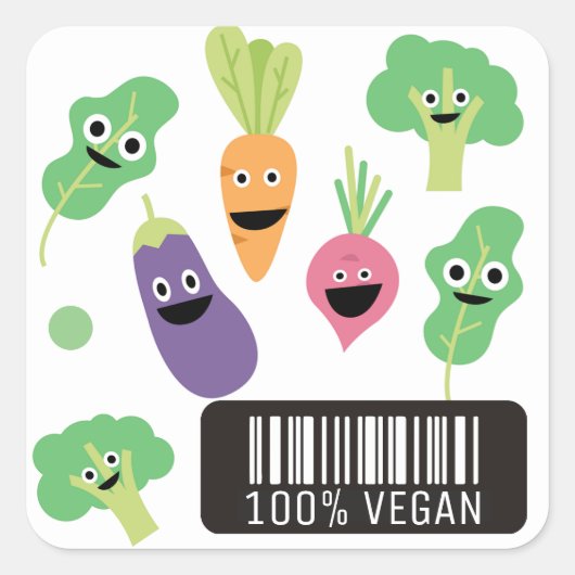 Cute Happy Vegetables 100% Vegan Vierkante Sticker (Voorkant)