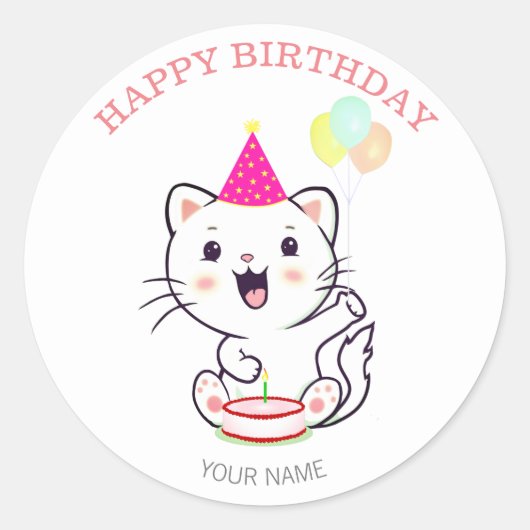 Cute Happy White Cat met Balloons Birthday Ronde Sticker (Voorkant)