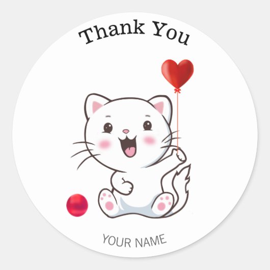 Cute Happy White Cat met hartballon Dank je Ronde Sticker (Voorkant)