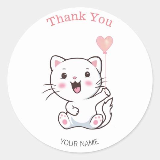 Cute Happy White Cat met hartballon Dank je Ronde Sticker (Voorkant)