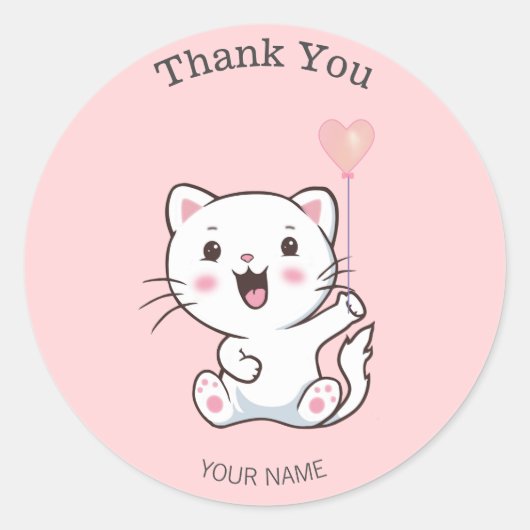 Cute Happy White Cat met hartballon Dank je Ronde Sticker (Voorkant)