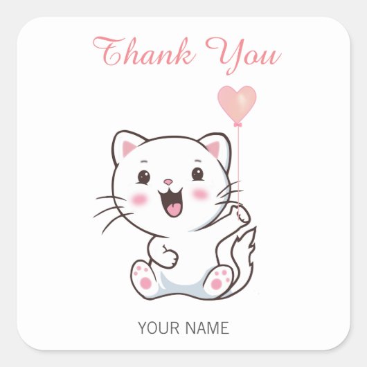 Cute Happy White Cat met hartballon Dank je Vierkante Sticker (Voorkant)