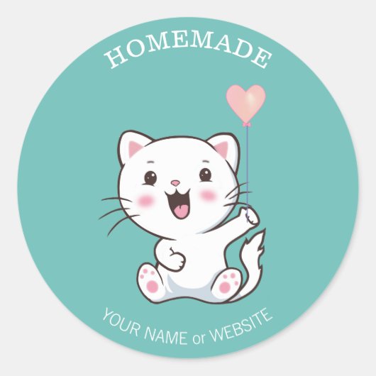 Cute Happy White Cat met Heart Balloon Homemade Ronde Sticker (Voorkant)
