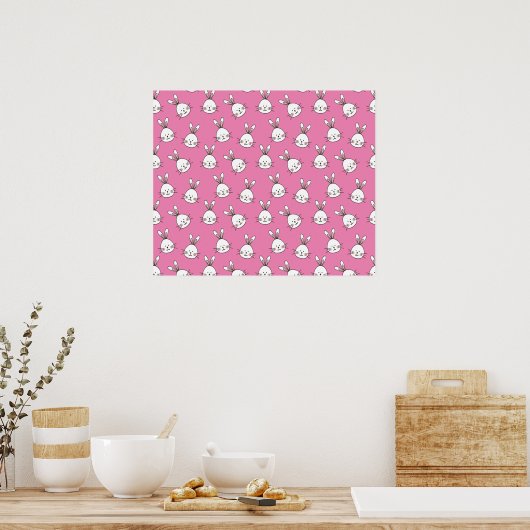 Cute Happy White Paaster Bunny op Roze Poster (Keuken)