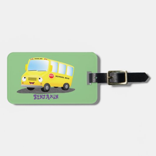 Cute happy yellow school bus cartoon bagagelabel (Voorkant horizontaal)