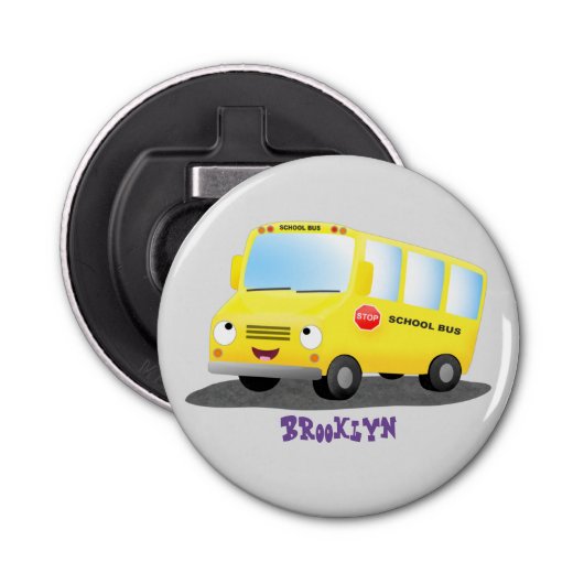 Cute happy yellow school bus cartoon button flesopener (Voorkant)