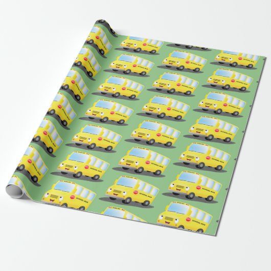 Cute happy yellow school bus cartoon cadeaupapier (Uitgerold)