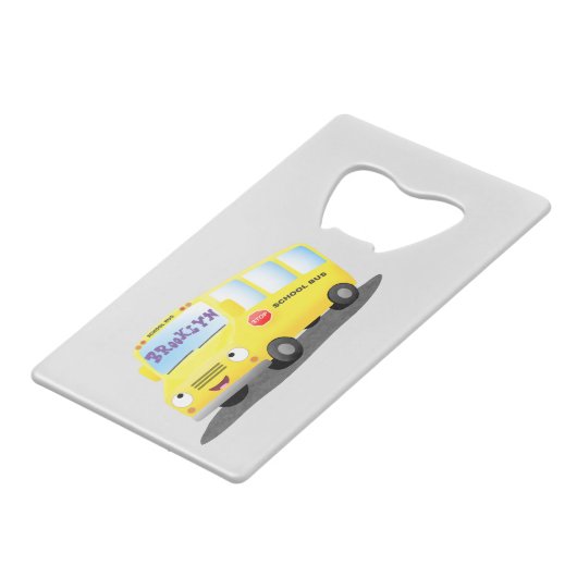 Cute happy yellow school bus cartoon creditkaart flessenopener (Achterkant Gekanteld)