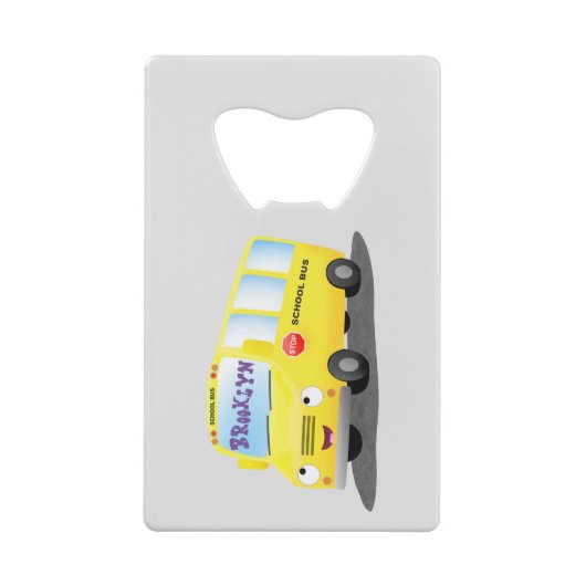 Cute happy yellow school bus cartoon creditkaart flessenopener (Achterkant)