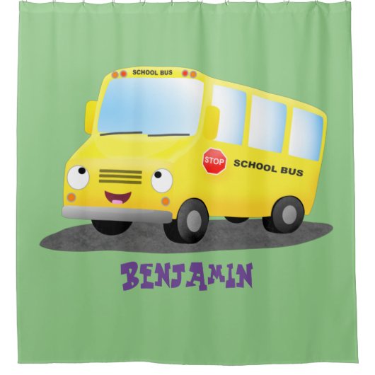 Cute happy yellow school bus cartoon douchegordijn (Voorkant)