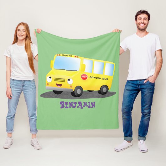 Cute happy yellow school bus cartoon fleece deken (In situ)