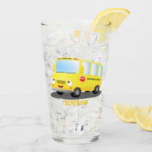Cute happy yellow school bus cartoon glas (Achterkant ijs)
