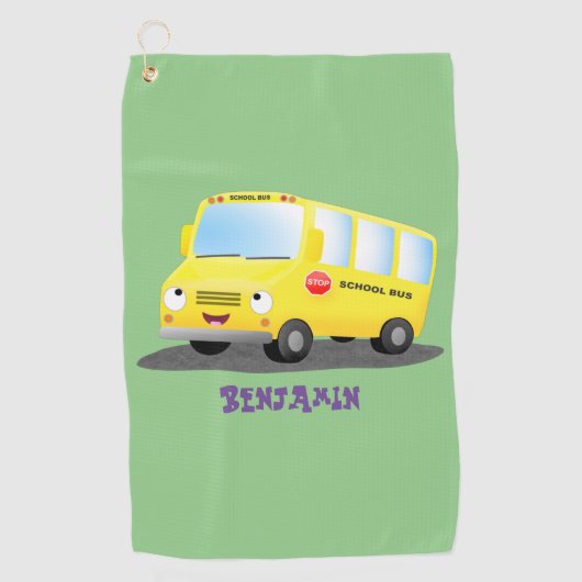 Cute happy yellow school bus cartoon golfhanddoek (Voorkant)