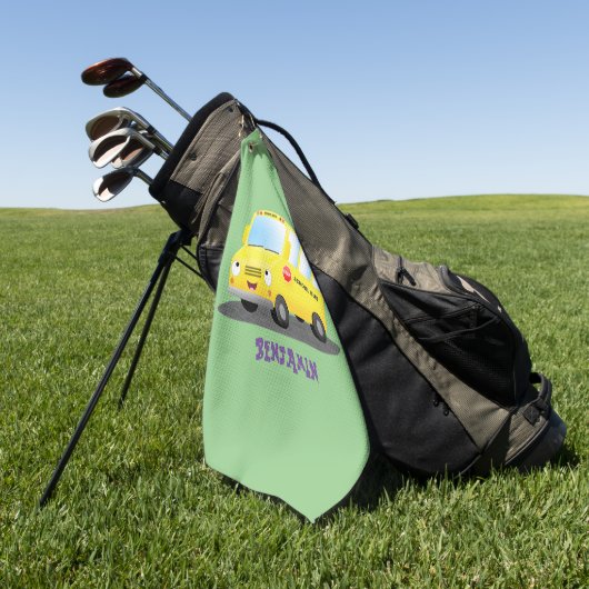 Cute happy yellow school bus cartoon golfhanddoek (Groen)