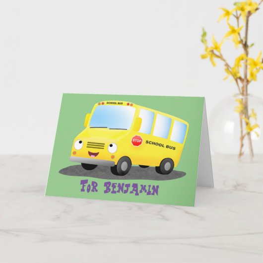 Cute happy yellow school bus cartoon kaart (Gele Bloem)