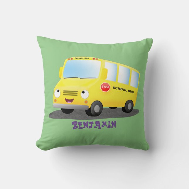 Cute happy yellow school bus cartoon kussen (Voorkant)