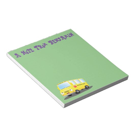 Cute happy yellow school bus cartoon notitieblok (Schuin)