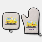 Cute happy yellow school bus cartoon ovenwant & pannenlap set (Voorkant)