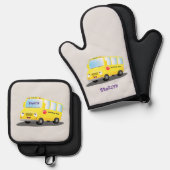 Cute happy yellow school bus cartoon ovenwant & pannenlap set (Voorkant / Achterkant)