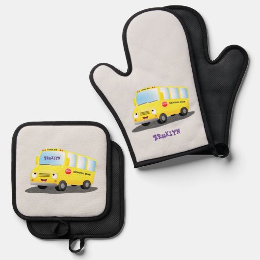 Cute happy yellow school bus cartoon ovenwant & pannenlap set (Voorkant / Achterkant)