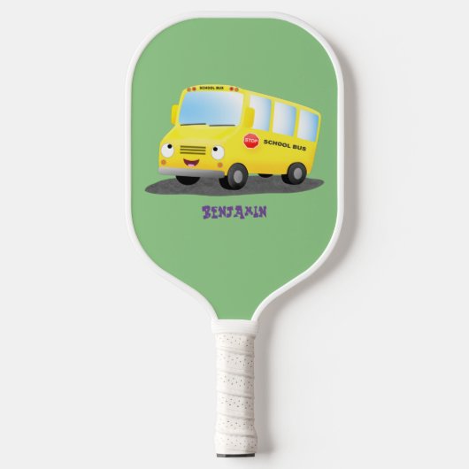 Cute happy yellow school bus cartoon pickleball paddle (Voorkant)