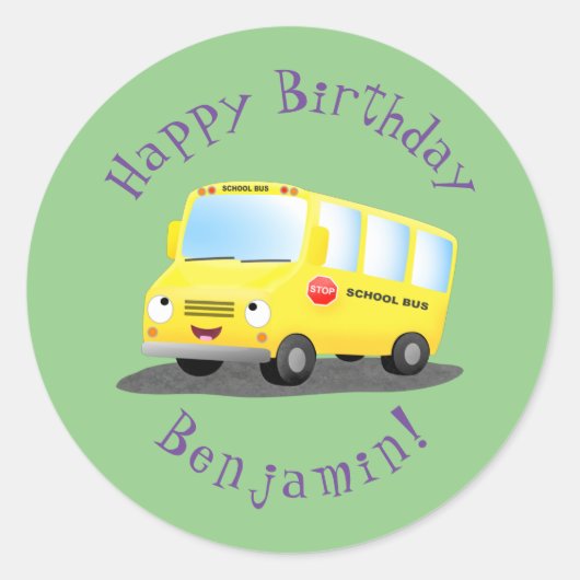 Cute happy yellow school bus cartoon ronde sticker (Voorkant)