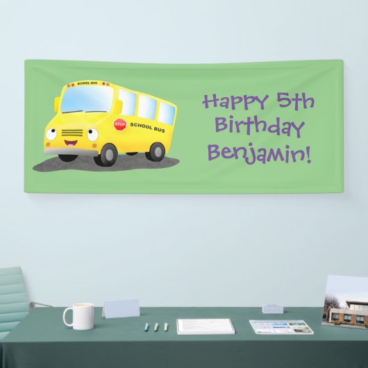 Cute happy yellow school bus cartoon spandoek (Beurs)