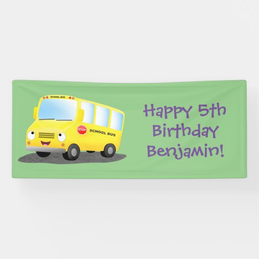 Cute happy yellow school bus cartoon spandoek (Horizontaal)