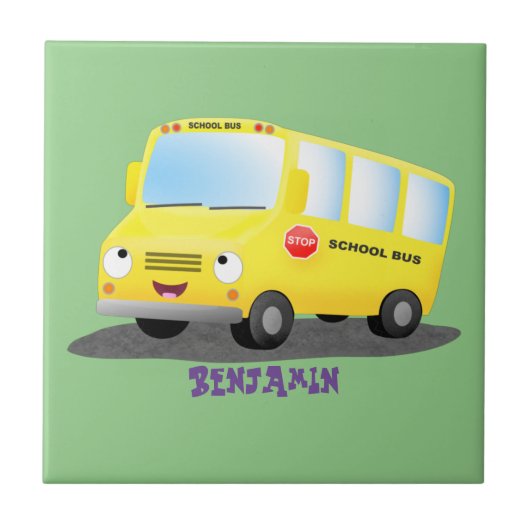 Cute happy yellow school bus cartoon tegeltje (Voorkant)