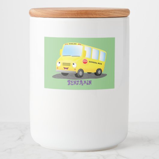 Cute happy yellow school bus cartoon voedselcontainer etiket (Voorkant)