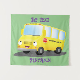 Cute happy yellow school bus cartoon wandkleed