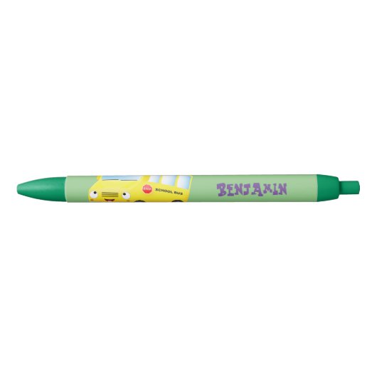 Cute happy yellow school bus cartoon zwarte inkt pen (Voorkant)