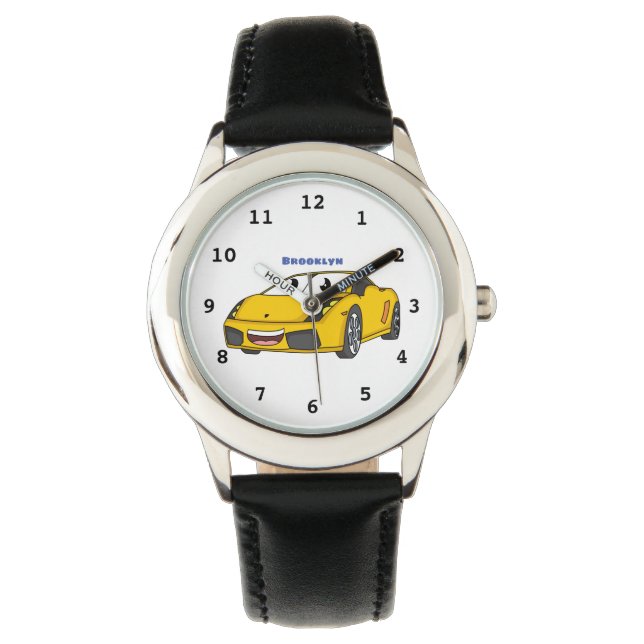 Cute happy yellow sport car cartoon horloge (Voorkant)