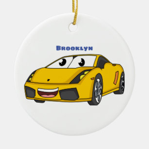 Cute happy yellow sport car cartoon keramisch ornament