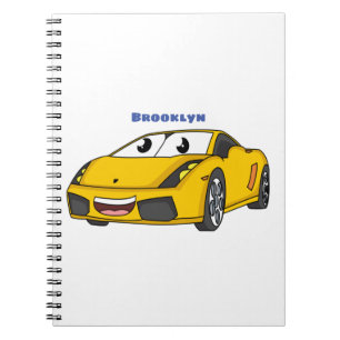 Cute happy yellow sport car cartoon notitieboek