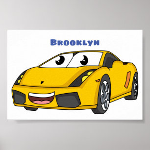 Cute happy yellow sport car cartoon poster