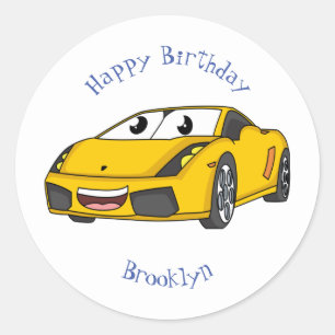 Cute happy yellow sport car cartoon ronde sticker