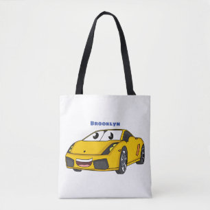 Cute happy yellow sport car cartoon tote bag