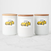 Cute happy yellow sport car cartoon voedselcontainer etiket (Flessen)